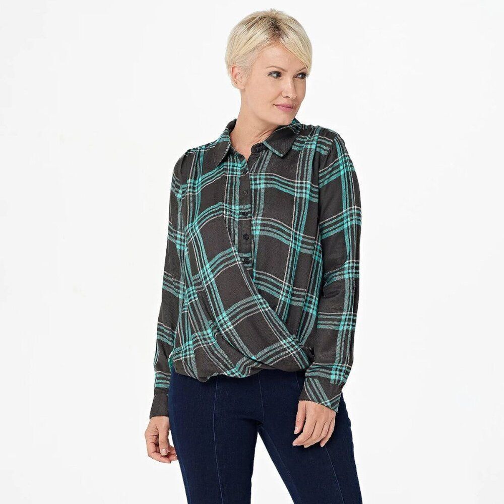 NWT Tolani Collection Pullover Plaid Top w/ Printed Back Mint/Charcoal | Size S